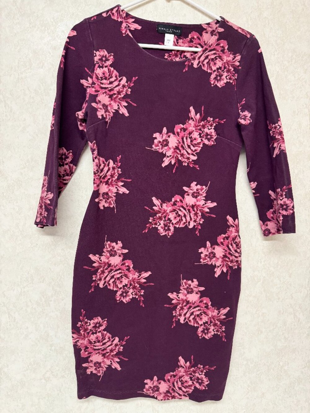Simply Styled by Sears Floral Sheath Dress Small Purple Pink 3/4 Sleeve Stretch